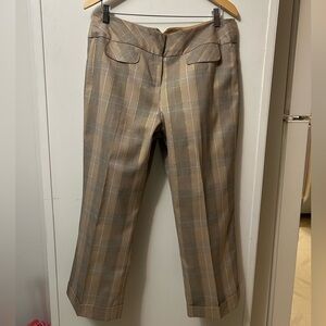Cropped Allen Schwartz Women’s Tan/Gray Plaid Trousers Shot with Metallic Gold